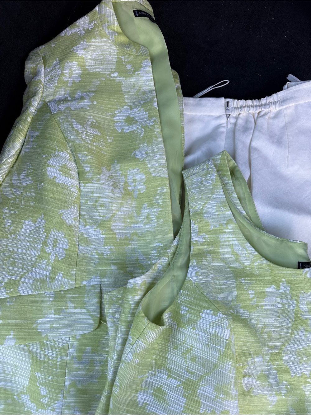 Nipon Boutique Light Green and White Floral Jacquard pants, vest and Jacket Set